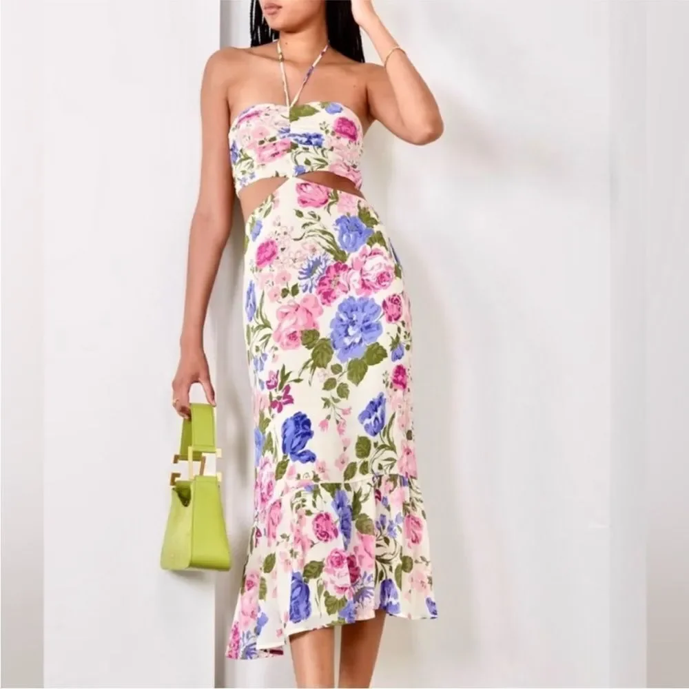 Reformation Riya Cutout Floral Print Midi Dress Sz 0